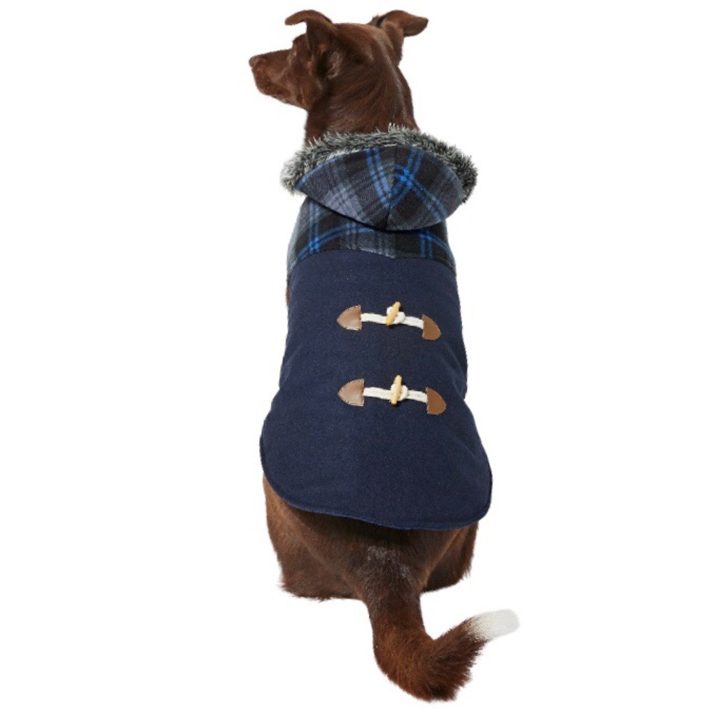 Frisco Plaid Hooded and Insulated Dog & Cat Peacoat, Navy, Medium